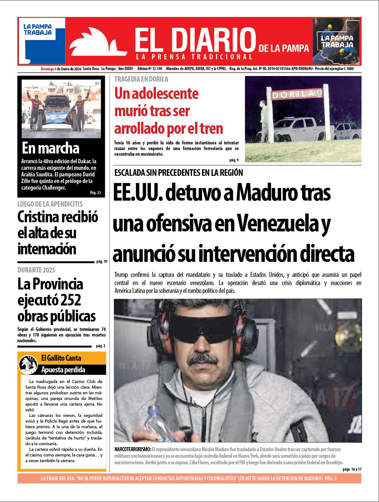 Tapa de El Diario en papel  domingo 04 de enero de 2026